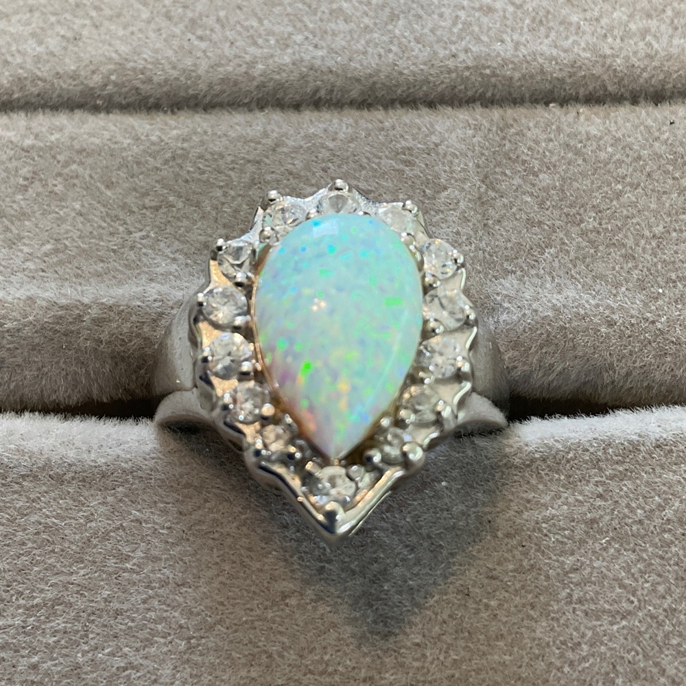 Elegant Sterling Silver Opal and Clear Stone Women's Ring